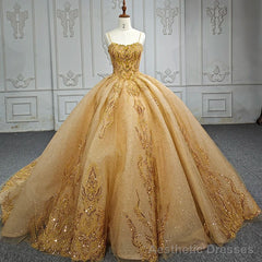 Quinceanera Dress Gold Beading Formal Long Evening Dress Spaghetti Straps Ball Gown
