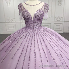 Quinceanera Dress Princess Sheer Neck Long Prom Dresses Short Sleeves Ball Gown