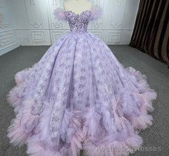 Quinceaera lace  Off-the-Shoulder Ball Gown Purple Sequined Dress