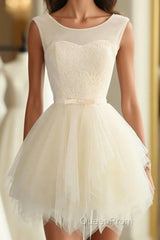 Cute A Line Tulle Round Neck Mini Evening Prom Dresses, Cheap Evening Dresses