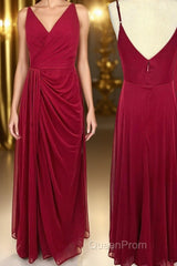 Wine Red Ruched V Neck Long Bridesmaid Dresses