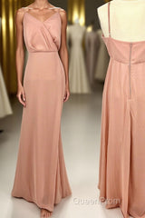 Straps Blush Pink Chiffon Straps Long Bridesmaid Dresses