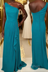 One Shoulder Turquoise Ruffles Chiffon Long Bridesmaid Dresses