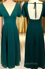 Flounce Sleeves Green Chiffon V Neck Long Bridesmaid Dresses