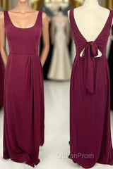 Simple Wine Red Scoop Long Bridesmaid Dresses