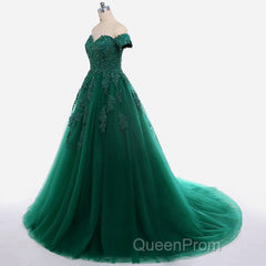 Real Off Shoulder Green Evening Prom Dresses Beaded Appliques Emerald Quince Dresses