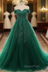 Real Off Shoulder Green Evening Prom Dresses Beaded Appliques Emerald Quince Dresses