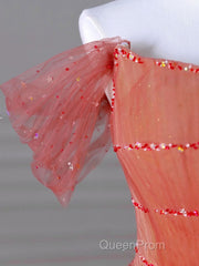 Red Aline Tulle Long Evening Prom Dresses, Red Tulle Formal Graduation Dresses With Beading Sequin