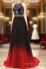 Red And Black Halter Beaded Chiffon Party Dresses, A-Line Gradient Evening Dresses