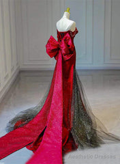 Red and Black Sweetheart Off Shoulder Formal Dress, Long Prom Dress with Bow