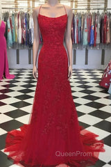 Red Backless Mermaid Lace Evening Prom Dresses, Red Backless Lace Formal Graduation Evening Dresses