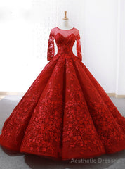 Red Ball Gown Long Sleeve Backless Appliques Wedding Dress