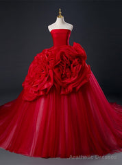 Red Ball Gown Tulle Strapless Flower Quinceanera Dress