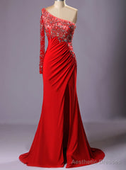 Red Bling One Shoulder Beads Crystal Vestido Para Formatura Longo Sexy Dress