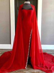 Red Chiffon Side Slit Beading Prom Dress With Cape