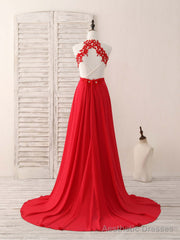 Red Hight Neck Chiffon Lace Applique Long Prom Dress, Red Formal Dress