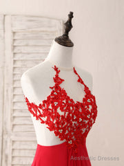 Red Hight Neck Chiffon Lace Applique Long Prom Dress, Red Formal Dress