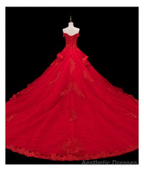 Red Lace and Tulle Gorgeous Off Shoulder Princess Sweet 16 Dress, Red Formal Gown