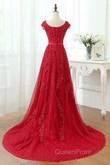 Red Lace Evening Prom Dresses Cap Sleeves Formal Dresses, Evening Dresses, Dance Dresses