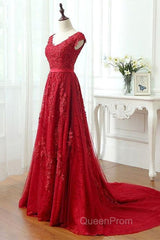 Red Lace Evening Prom Dresses Cap Sleeves Formal Dresses, Evening Dresses, Dance Dresses