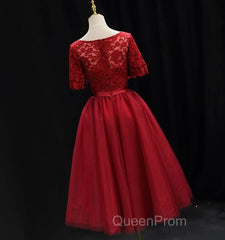 Red Lace Top Short Sleeves Tulle Tea Length Party Dresses, Red Wedding Party Dresses Homecoming Dresses