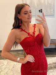 Red Mermaid Halter Lace Mermaid Long Prom Dress