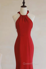 Red Mermaid Halter Long Evening Dresses, Red Backless Formal Dresses Evening Prom Dresses