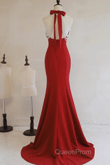 Red Mermaid Halter Long Evening Dresses, Red Backless Formal Dresses Evening Prom Dresses