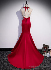 Red Mermaid Satin Long Party Dress Formal Dress, Lace-up Red Prom Dress