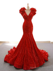 Red Mermaid Sequins Deep V-neck Prom Dress With Train
