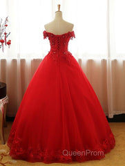 Red Off Shoulder Long Party Dresses, A-Line Tulle Evening Dresses Formal Gown