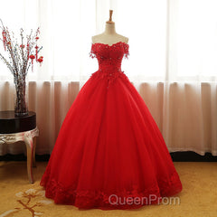 Red Off Shoulder Long Party Dresses, A-Line Tulle Evening Dresses Formal Gown