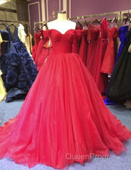 Red Off Shoulder Tulle Evening Prom Gown, Sweet 16 Party Gown, Charming Red Formal Dresses