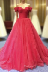 Red Off Shoulder Tulle Evening Prom Gown, Sweet 16 Party Gown, Charming Red Formal Dresses