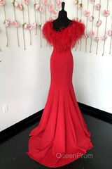 Red Evening Prom Dresses Mermaid V Neck Long Party Evening Dresses with Feathers