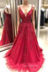 Red Evening Prom Dresses, A-line/Princess V Neck Sleeveless Sweep Train Tulle Evening Prom Dresses With Appliqued
