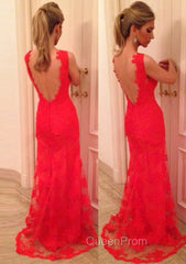 Red Evening Prom Dresses, Sheath/Column V Neck Sleeveless Sweep Train Lace Evening Prom Dresses With Appliqued