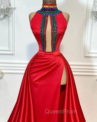 Red Robe De Soiree A-Line High Collar Satin Crystals Slit Sexy Long Evening Prom Dresses Evening Prom Gown Evening Dresses