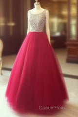 Red Round Neck Tulle Rhinestones Long Evening Prom Dresses, Red Evening Dresses