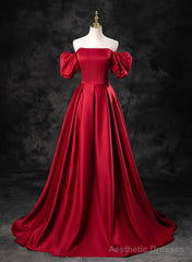 Red Satin A-line Short Sleeves Long Prom Dress, Red Long Formal Dress Evening Dress