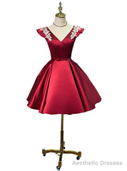 Red Satin Cap Sleeve V-neck Homecoming Dresses