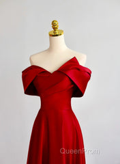 Red Satin Off Shoulder Sweetheart Long Party Dresses, Red Satin Evening Prom Dresses