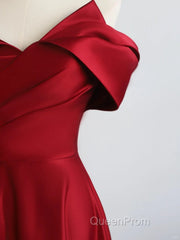Red Satin Off Shoulder Sweetheart Long Party Dresses, Red Satin Evening Prom Dresses