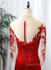 Red Satin With Lace Round Neckline Party Dresses, Red Satin Evening Dresses