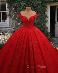 Red Sequin Lace Off Shoulder Ball Gown