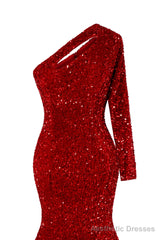 Red Sequins Mermaid Prom Dresses One Shoulder Evening Dresses Floor Length Wedding Party Gowns