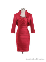 Red Short Mother Of The Bride Dresses Suits With Jackets Pleats Satin
