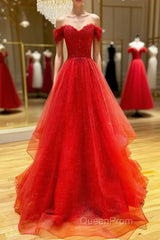 Red sweetheart off shoulder tulle long Evening Prom Dresses tulle formal Dresses