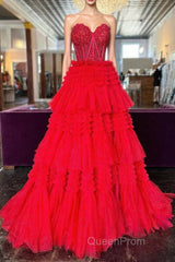 Red Sweetheart Sequins Top Multi-Layers Long Evening Prom Dresses,Tiered Formal Dresses