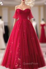 Red Sweetheart Tulle Long Formal Dresses, Red Off Shoulder Party Dresses Evening Prom Dresses